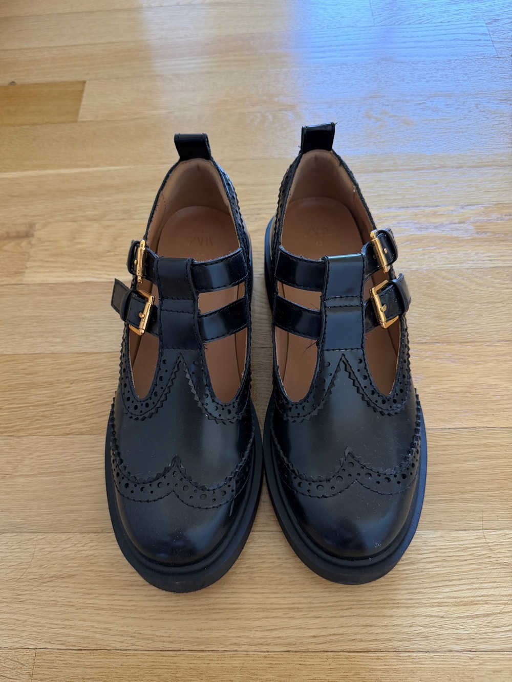 Black T-Strap Brogue Shoes with Gold Buckles